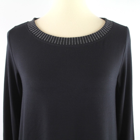 Alembika Black Grey Pinstripe Trim Crewneck Jersey Knit Pullover Tunic Top 1 XS - Picture 2 of 6